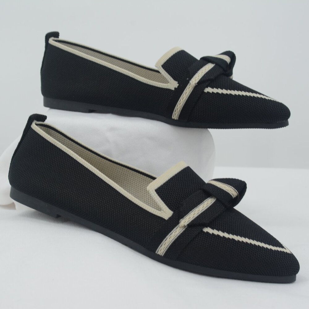 Black & Beige Pointed Knit Loafers | Contrast Trim Knot | Size 40 | New